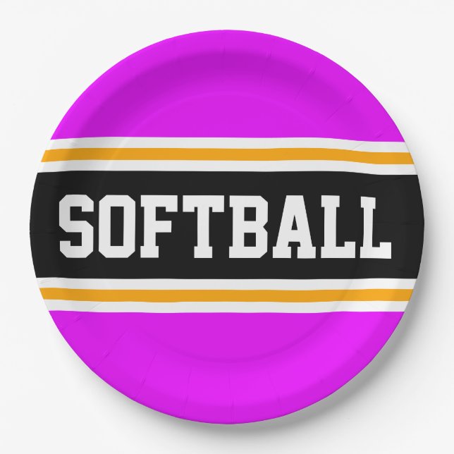 SOFTBALL Bright Pink Black Orange Racing Stripes Paper Plates (Front)
