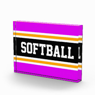 SOFTBALL Bright Pink Black White Orange Stripes Photo Block