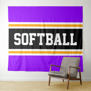 SOFTBALL Bright Purple Black Orange Racing Stripes Tapestry