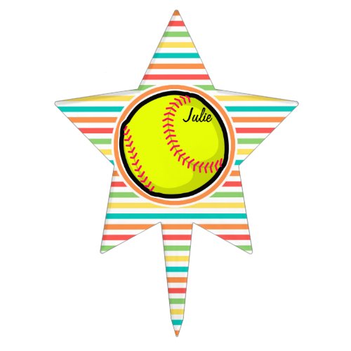 Softball Bright Rainbow Stripes Cake Topper