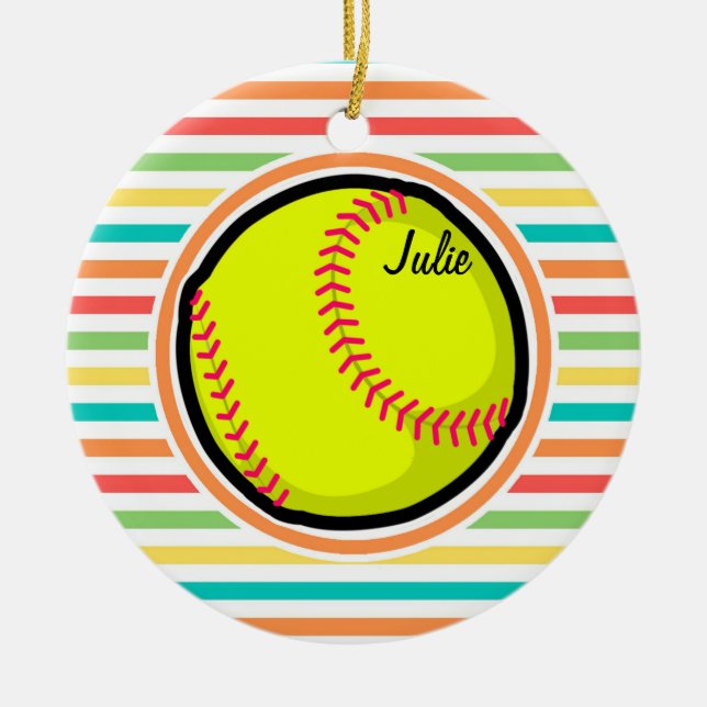 Softball; Bright Rainbow Stripes Ceramic Ornament (Front)