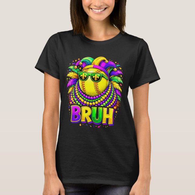 Softball Bruh Mardi Gras Jester Hat And Sungles  T-Shirt (Front)