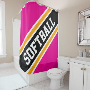 SOFTBALL Candy Pink Orange Black Racing Stripes Shower Curtain