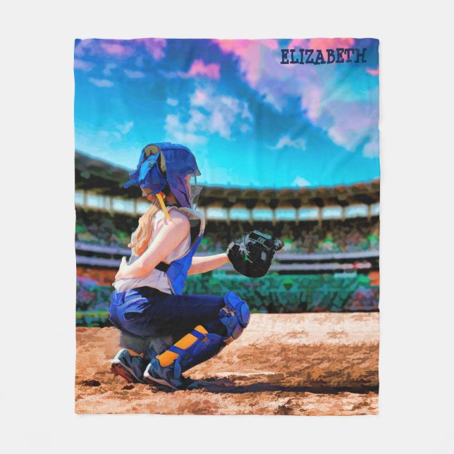 Softball Catcher And Stadium Painting Fleece Blanket (Front)