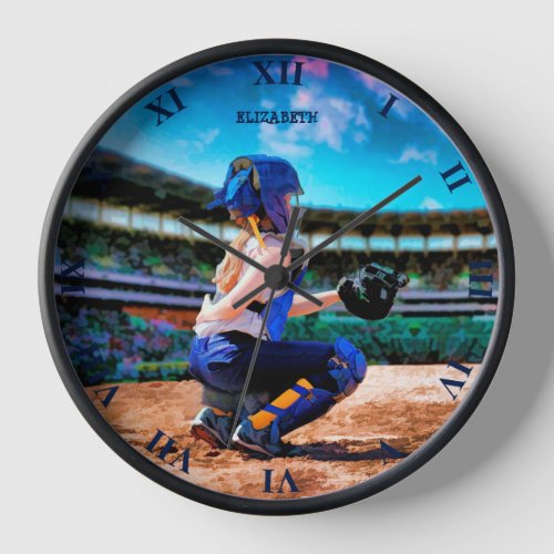 Softball Catcher And Stadium Painting Imitation Clock