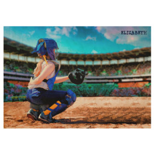 Softball Catcher And Stadium Painting Wood Poster