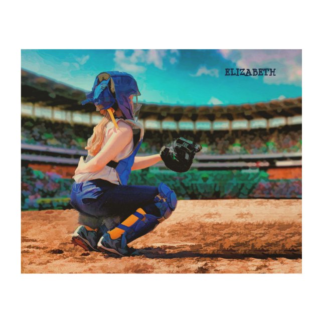 Softball Catcher And Stadium Painting Wood Wall Art (Front)