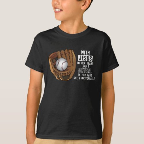 Softball Catcher Girl Jesus Religious Baseball T_Shirt