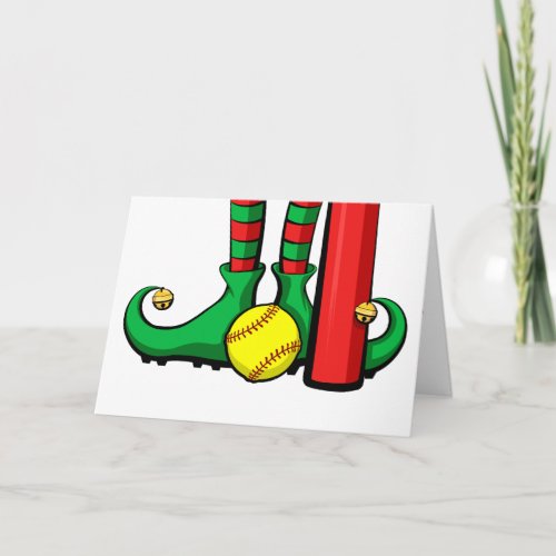 Softball Christmas Elf Feet Holiday Card