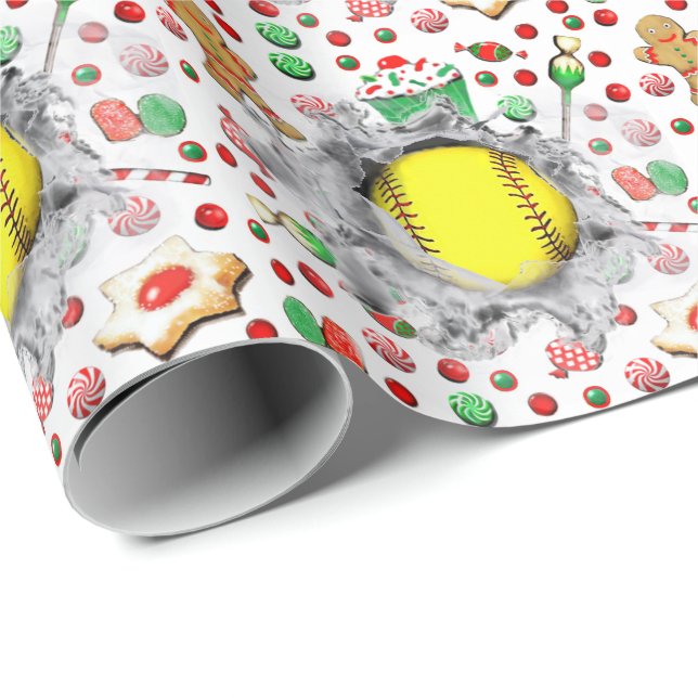 Softball Christmas Holiday Gift Wrapping Paper (Roll Corner)