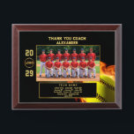 Softball Coach Thank You with Custom Team Photo Award Plaque<br><div class="desc">Celebrate your softball coach with this bold, personalized plaque featuring a fiery yellow softball design and a framed team photo at the center. The layout includes the year, team name, custom player list, and your coach’s name in standout gold text. A customizable logo and text area make it easy to...</div>