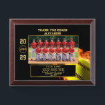 Softball Coach Thank You with Custom Team Photo Award Plaque<br><div class="desc">Celebrate your softball coach with this bold, personalized plaque featuring a fiery yellow softball design and a framed team photo at the center. The layout includes the year, team name, custom player list, and your coach’s name in standout gold text. A customizable logo and text area make it easy to...</div>