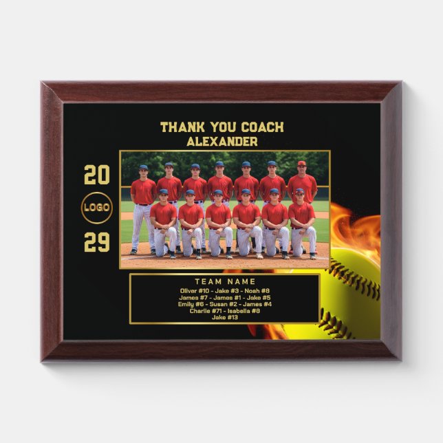 Softball Coach Thank You with Custom Team Photo Award Plaque (Horizontal)