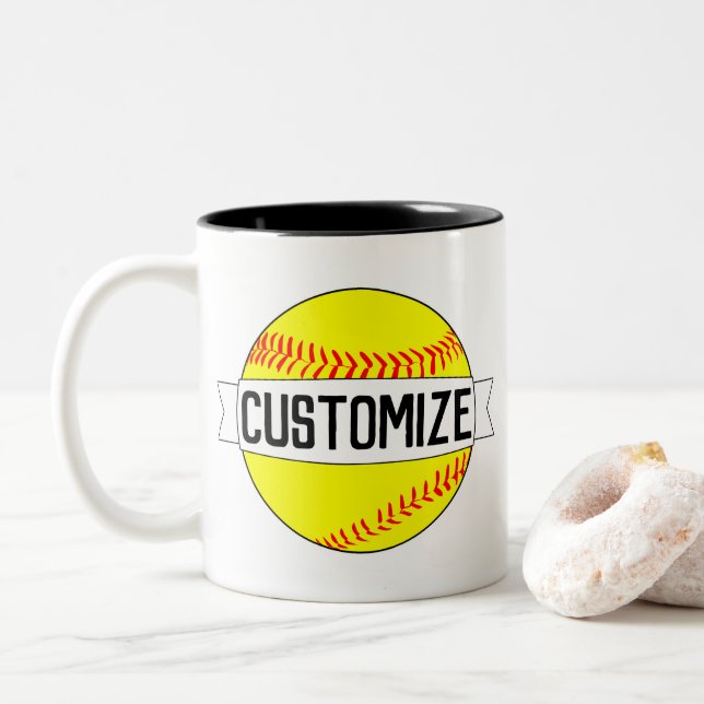 Softball Custom Team Name and Color Sports Fan Two-Tone Coffee Mug (With Donut)