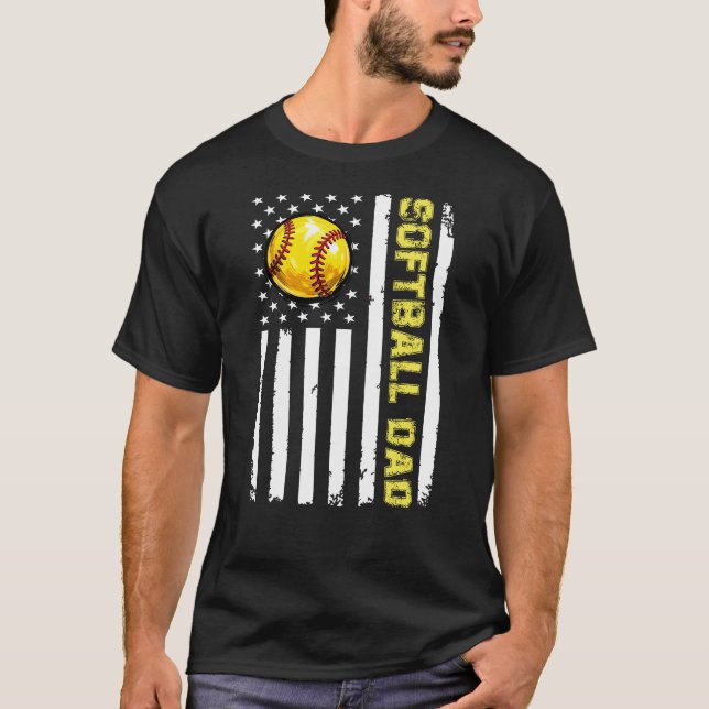 Softball Dad American Flag Design T-Shirt (Front)