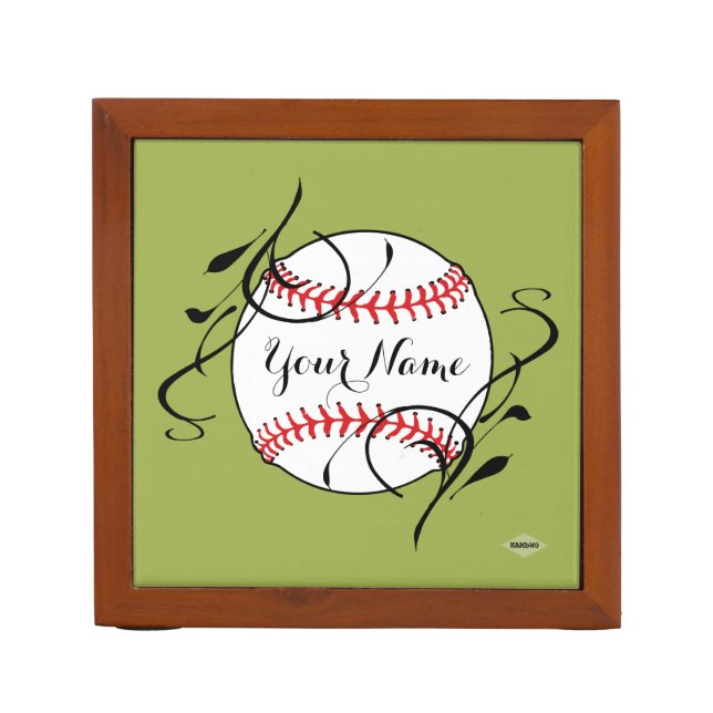 Softball Desk Organizer Pen Holder HAMbyWG  Olive (Front)