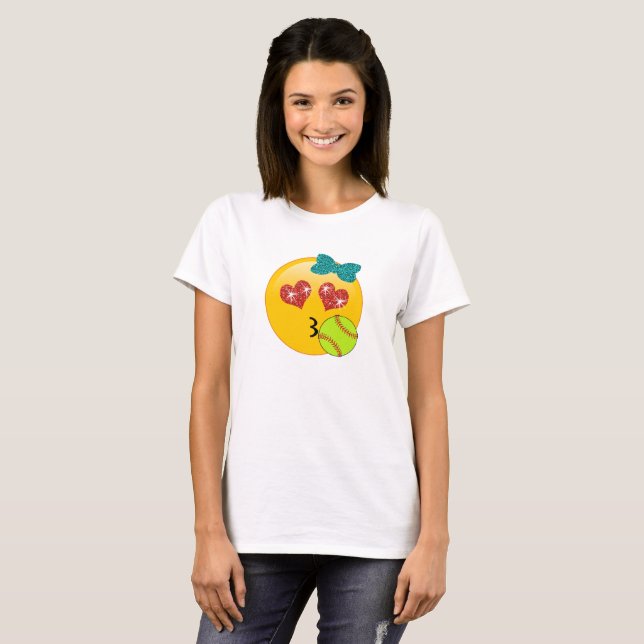 Softball Emoji Heart Eyes Kissy Face for Girls T-Shirt (Front Full)