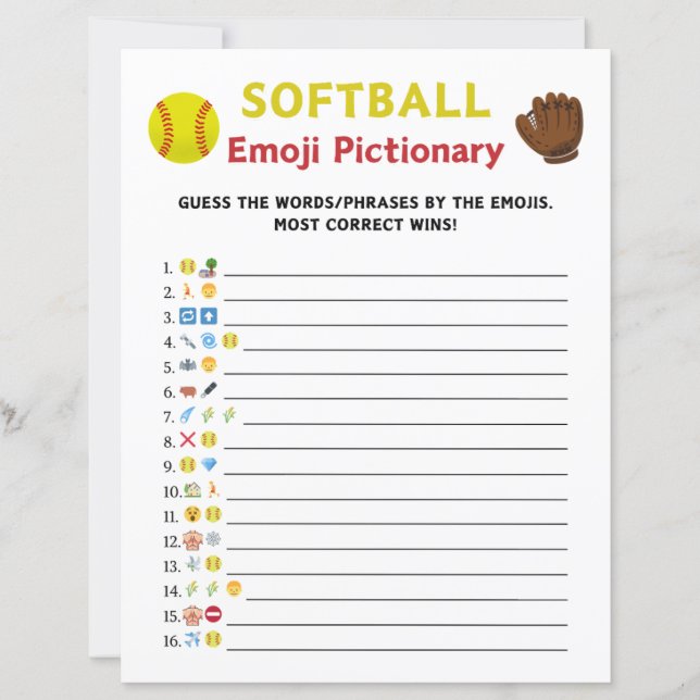 Softball Emoji Pictionary Game (Front)