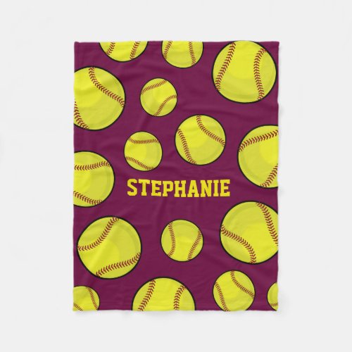 Softball Fan Custom Name Purple Fleece Blanket