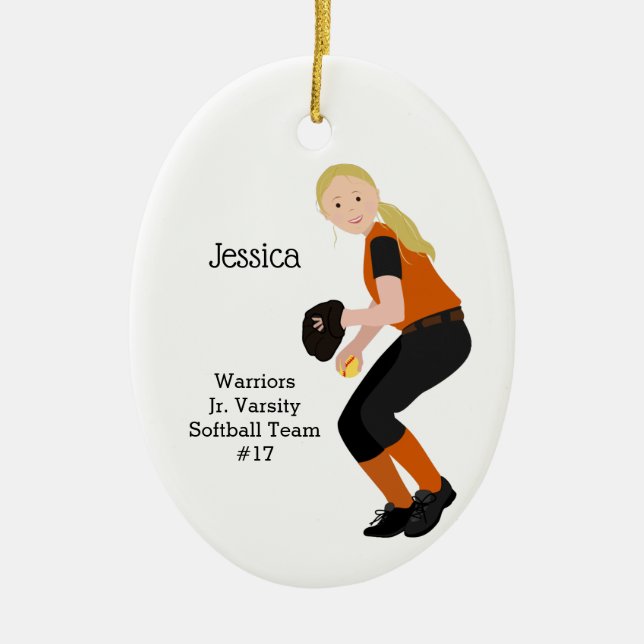 Softball Female Blonde Black & Orange Ceramic Ornament (Front)