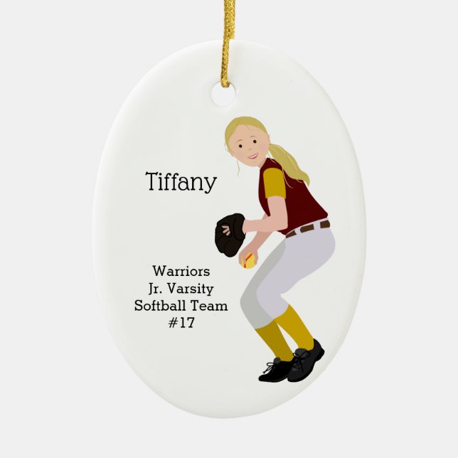 Softball Female Blonde Burgundy & Gold Ceramic Ornament (Front)