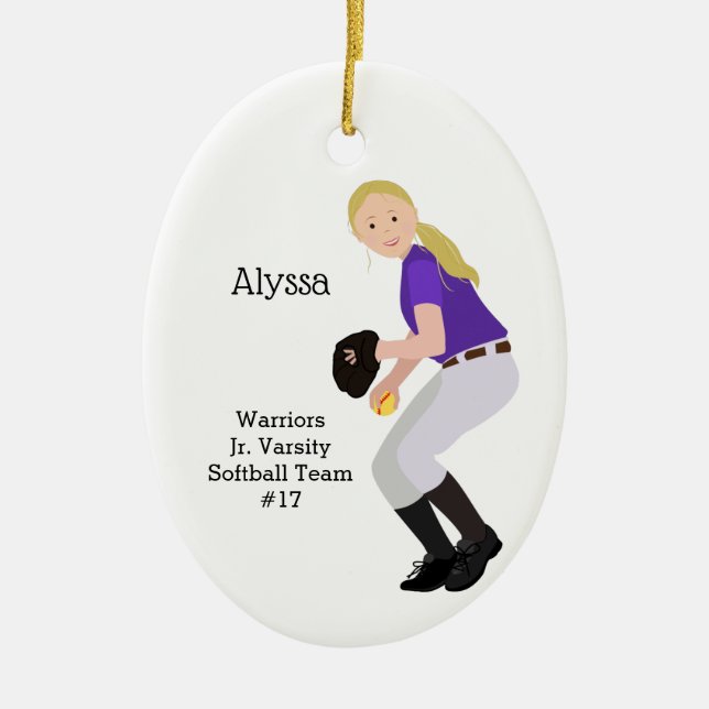 Softball Female Blonde Purple & White Ceramic Ornament (Front)
