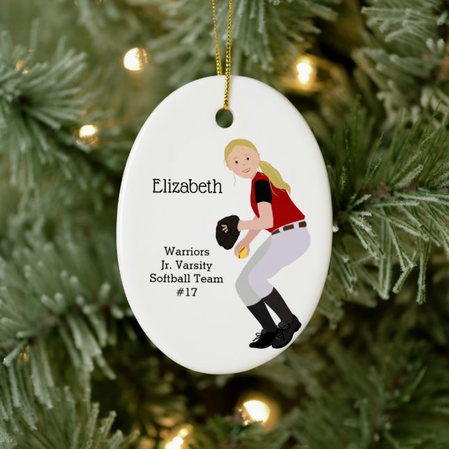 Softball Female Blonde Red & Black Ceramic Ornament (Tree)