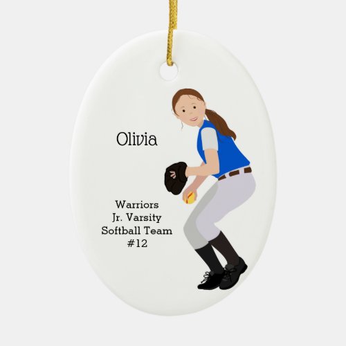 Softball Female Brunette Blue  White Ceramic Ornament