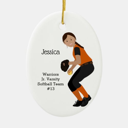 Softball Female Dark Hair Black  Orange Ceramic Ornament