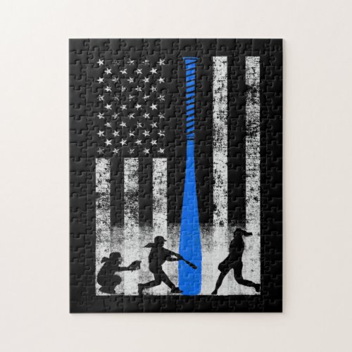 Softball Flag With Softball Players and Blue Bat Jigsaw Puzzle