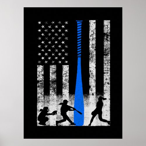 Softball Flag With Softball Players and Blue Bat Poster