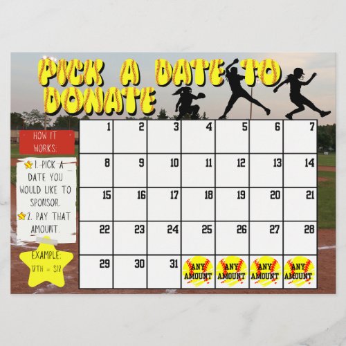 Softball Fundraiser Calendar Pick A Date Donate Invitation