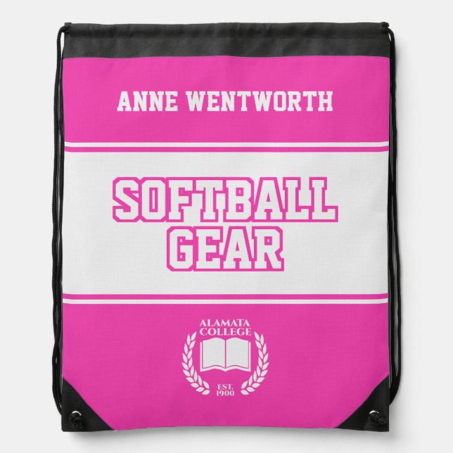 Softball Gear Custom Pink College Varsity Sports Drawstring Bag (Front)