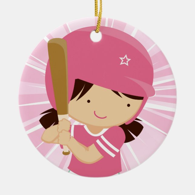 Softball Girl Batter in Pink and White Ceramic Ornament (Front)