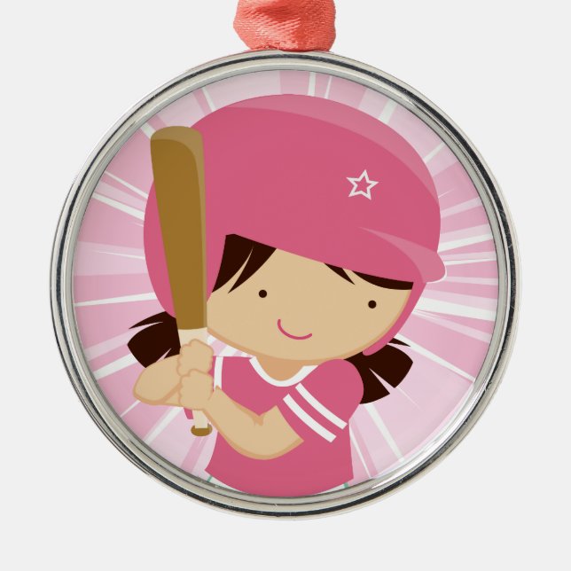 Softball Girl Batter in Pink and White Metal Ornament (Front)
