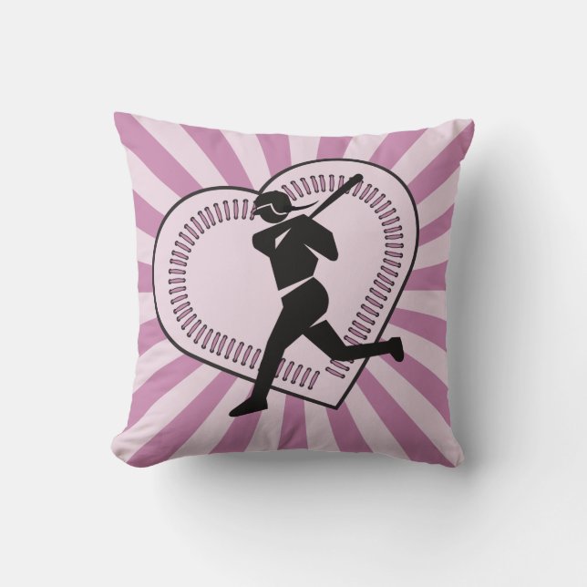 Softball Girl Cute Pink Sunburst Player Team Love Throw Pillow (Front)