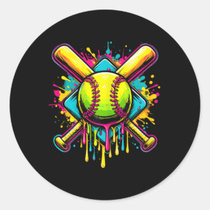 Softball Girl Ice Cream Softball Drip Classic Round Sticker
