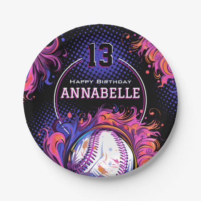 Softball Girls Birthday Party Paper Plates (Front)