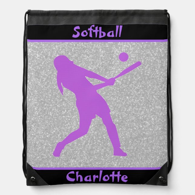 Softball Girls Purple & Silver Sparkle Drawstring Bag (Front)