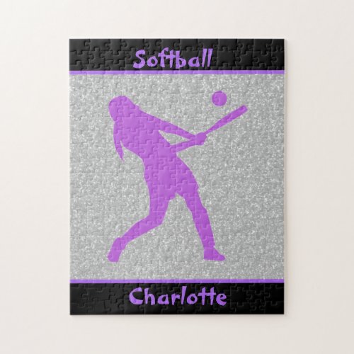 Softball Girls Purple  Silver Sparkle Jigsaw Puzzle