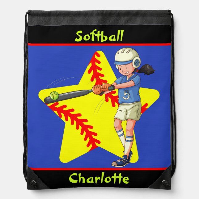  Softball Girls Star Batter Swing Personalized  Drawstring Bag (Front)