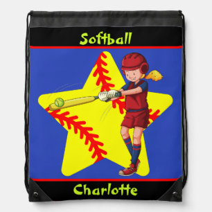 Softball Girls Star Batter Swing Personalized Drawstring Bag