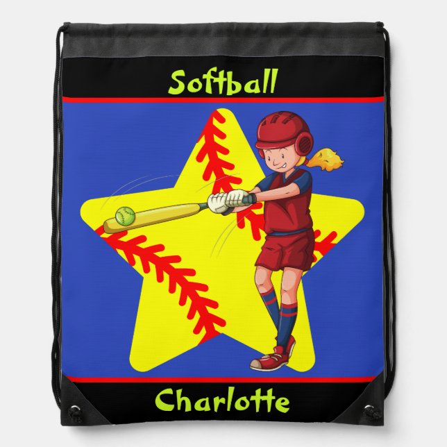  Softball Girls Star Batter Swing Personalized    Drawstring Bag (Front)