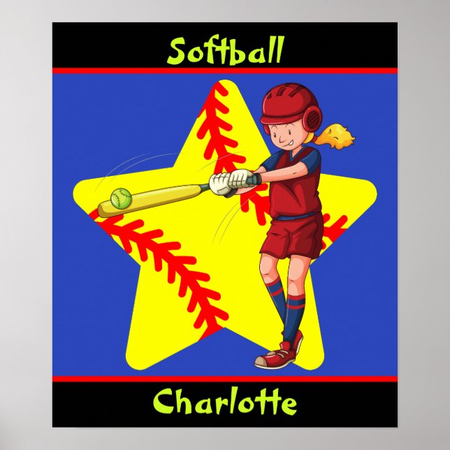  Softball Girls Star Batter Swing Personalized  Poster (Front)