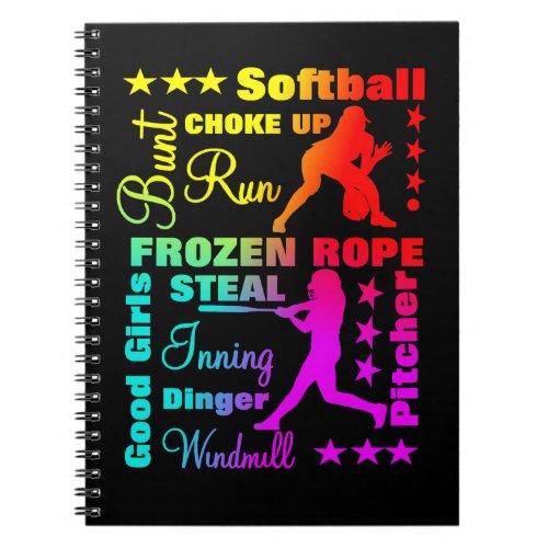 Softball GirlsSports Terminology Rainbow Typograph Notebook