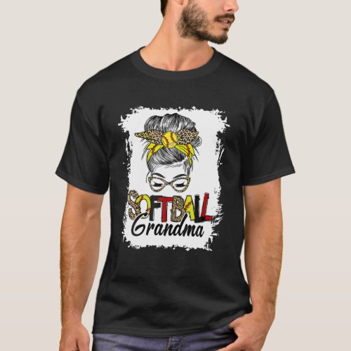 Softball Grandma Life With Leopard Messy Bun Mothe T_Shirt