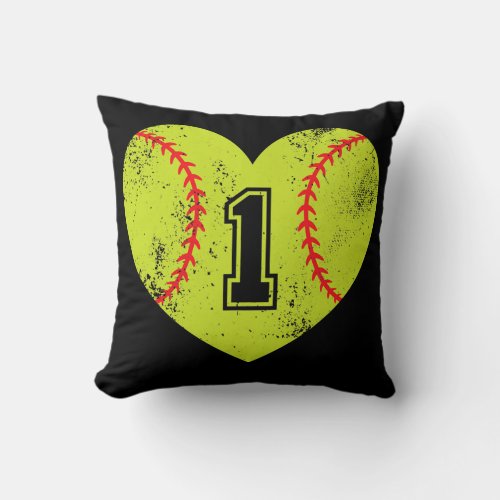 Softball Heart Player 1 Softball Mom Dad Varsity Throw Pillow