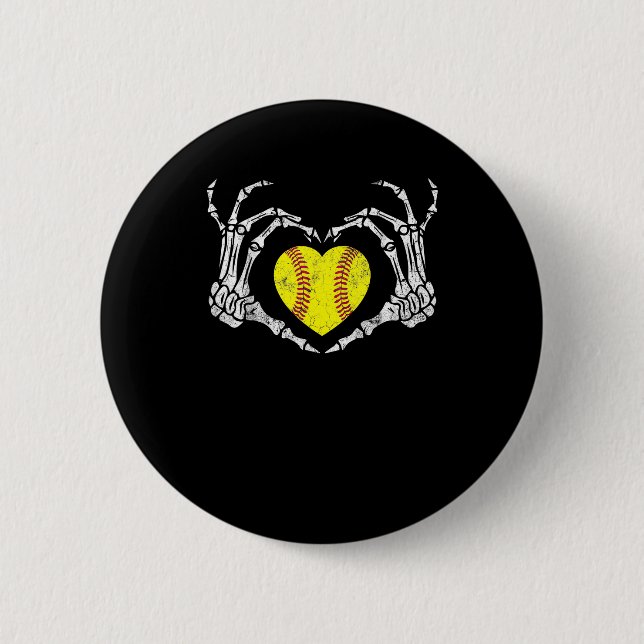Softball Heart Skeleton Hand Halloween Funny Button (Front)