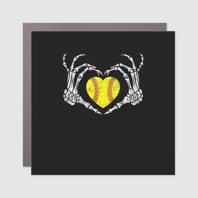 Softball Heart Skeleton Hand Halloween Funny Car Magnet (Front)