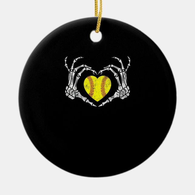 Softball Heart Skeleton Hand Halloween Funny Ceramic Ornament (Front)